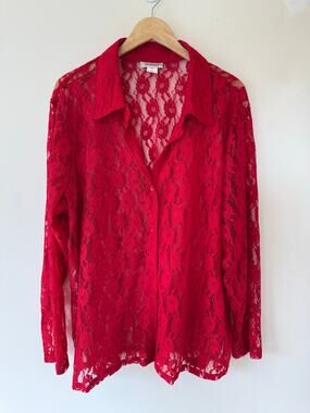 CW Classics Red Sheer Floral Lace Blouse Womens 2X Long Sleeve Whimsigoth Y2K